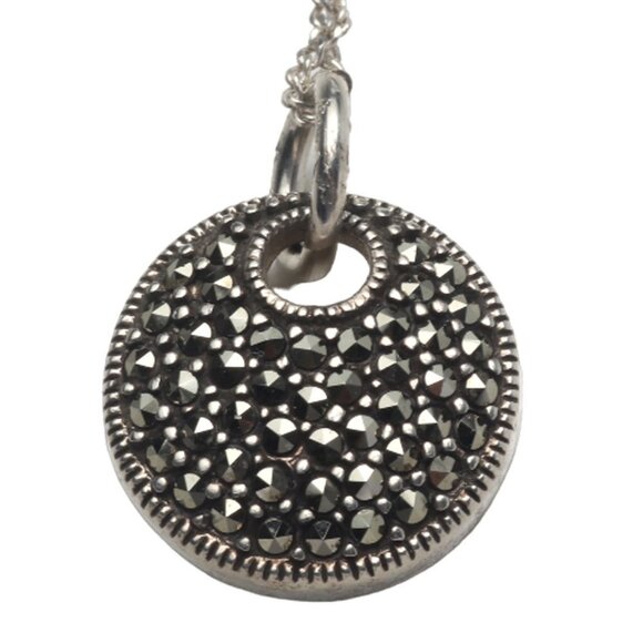 VINTAGE Marcasite Pave Disc Pendant Necklace 925 Sterling Silver ITALY Art Deco - Picture 14 of 16